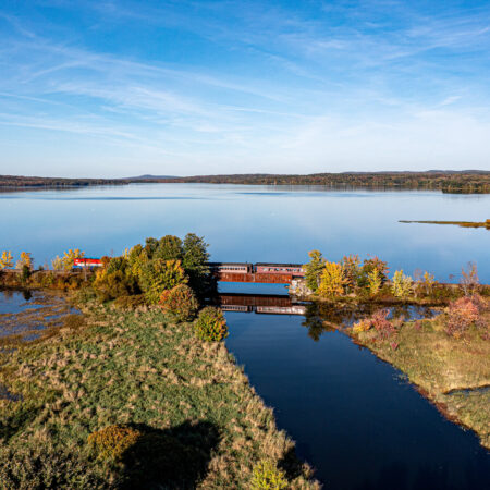 Belfastandmooseheadlakerail Santa Express Train Bridge Lake Autumn Trees