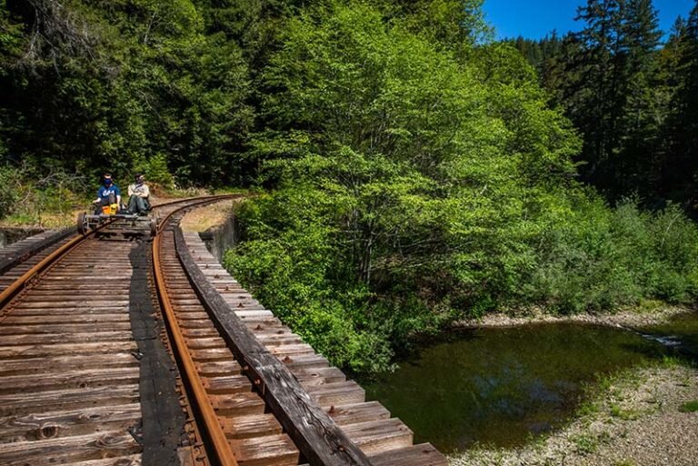 skunktrain_pudding-creek-express-railbikes-wooden-bridge-greenery Skunktrain Pudding Creek Express Railbikes Wooden Bridge Greenery