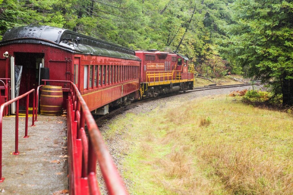 skunktrain_wolf-tree-turn-red-train-curving-forest Skunktrain Wolf Tree Turn Red Train Curving Forest